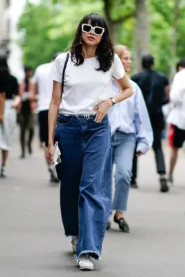 Wide-Leg Denim Trousers + Throwback Sneakers