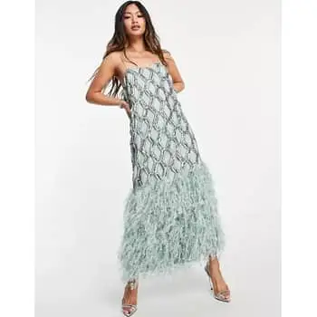 Blue Feather Dress, White Mules