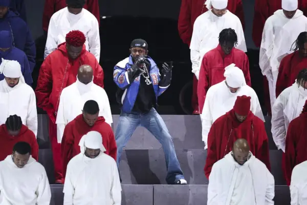 NEW ORLEANS, LOUISIANA - FEBRUARY 09: Kendrick Lamar performs at halftime during Super Bowl LIX between the Kansas City Chiefs and the Philadelphia Eagles at Caesars Superdome on February 09, 2025, in New Orleans, Louisiana. The Eagles defeated the Chiefs