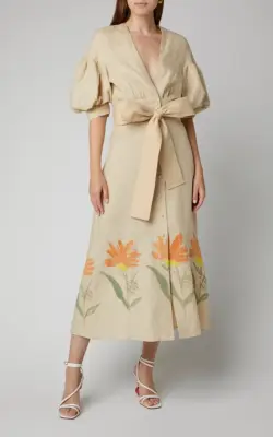 Silvia Tcherassi Cameron Puff Sleeve Linen-Blend Midi Dress