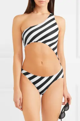Norma Kamali Shane One-Shoulder Cutout Striped Swimsuit