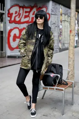 With a Camo Jacket and Black Skinny Jeans