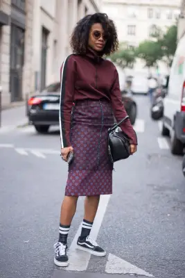 With a Turtleneck, Matching Midi Skirt, and High Socks