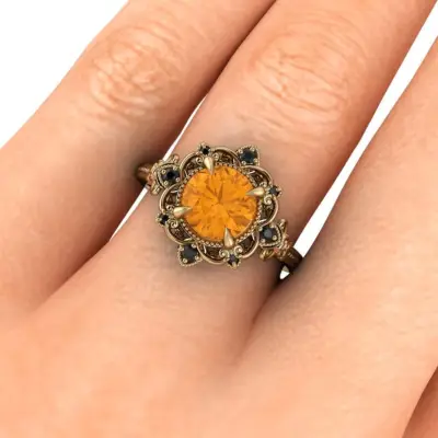 Helga Scrollwork Goblet Engagement Ring With Citrine Black and Canadian Diamonds