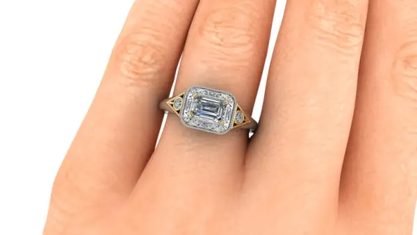 Hallowed Scrollwork Halo Engagement Ring With Emerald Cut Diamond