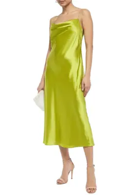 Cinq à Sept Lime Green Marta Draped Silk-Satin Midi Slip Dress