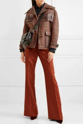 Prada Leather-Trimmed Studded Checked Wool-Blend Tweed Jacket