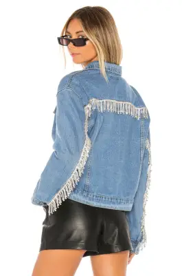 Superdown Raya Rhinestone Fringe Jacket in Light Blue Wash