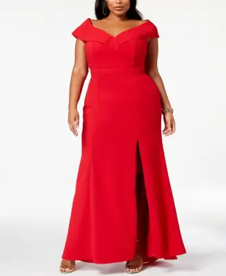 Xscape Plus Size Off-The-Shoulder Slit Gown