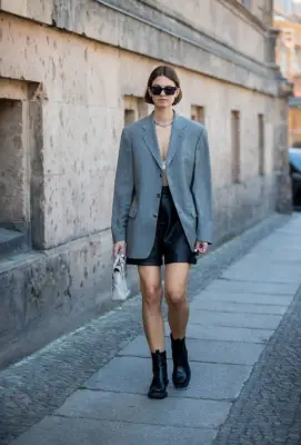 Blazer-and-Shorts Outfits: Leather and Tailoring Contrast