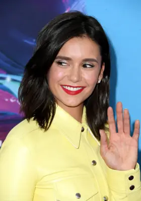 Nina Dobrev With a Red Lip and Shimmery Eye Shadow