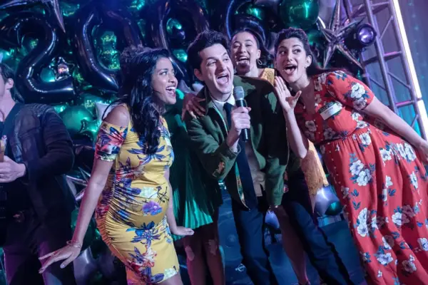 THE AFTERPARTY, front, from left: Tiya Sircar, Ben Schwartz, Ayden Mayeri, Yasper