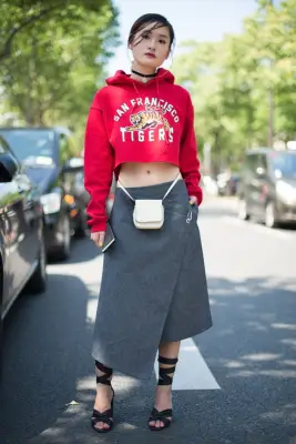 College-Sweatshirt Outfit: Crop Your Hoodie and Wear It With a Midi Skirt