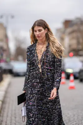 PARIS, FRANCE - MARCH 05: Veronika Heilbrunner wears a tweed colored jacket, Chanel necklaces, tie outside Chanel, during the Womenswear Fall/Winter 2024/2025 as part of Paris Fashion Week on March 05, 2024 in Paris, France. (Photo by Edward Berthelot/Ge