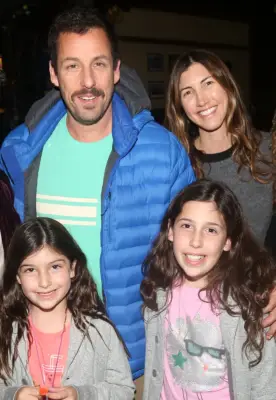NEW YORK, NY - MARCH 23: (EXCLUSIVE COVERAGE) (L-R) Sunny Sandler, Adam Sandler, Sadie Sandler and Jackie Sandler pose backstage at the hit musical