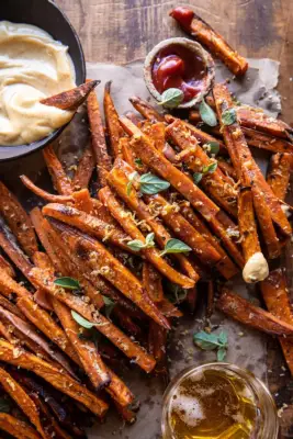 Garlic Parmesan Sweet Potato Fries With Spicy Aioli