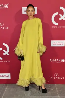 Yellow Feather Dress, Black Accessories