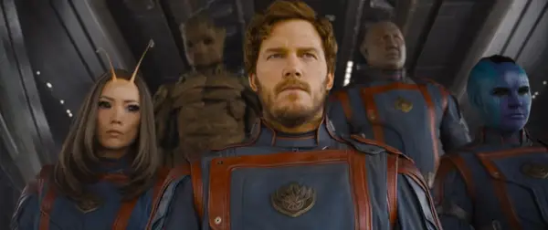 (L-R): Pom Klementieff as Mantis, Groot (voiced by Vin Diesel), Chris Pratt as Peter Quill/Star-Lord, Dave Bautista as Drax, Karen Gillan as Nebula in Marvel Studios