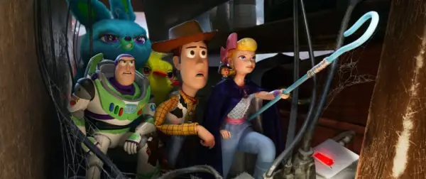 TOY STORY 4, background from left: Bunny (J. Peele), Ducky (Keegan-Michael Key); foreground from left: Buzz Lightyear (T. Allen), Woody (T. Hanks), Bo Peep (A. Potts), 2019. Walt Disney Studios Motion Pictures / courtesy Everett Collection