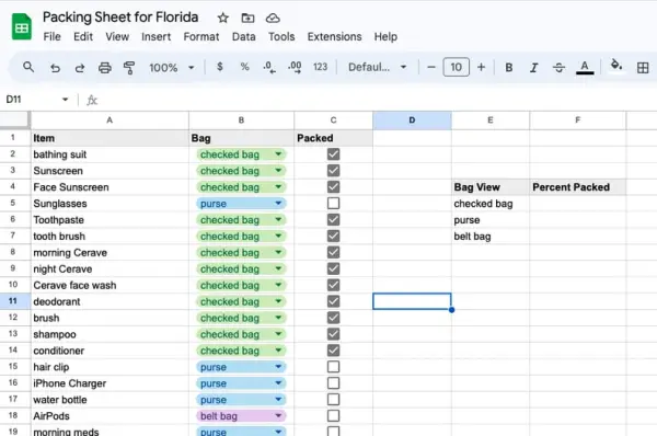 Packing Spreadsheet Example