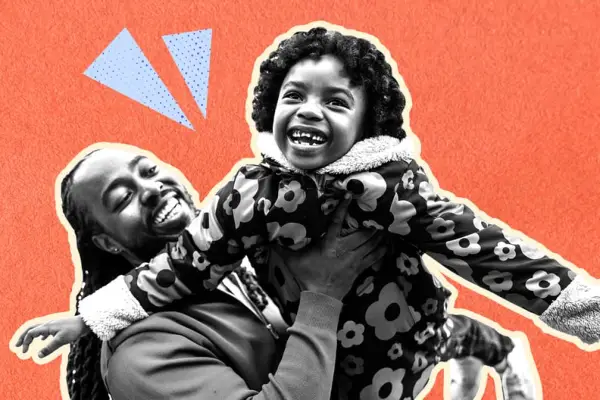 collage of parent lifting up their child