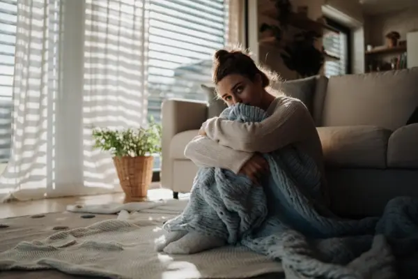 Young woman sitting alone on floor with baby blue blanket.