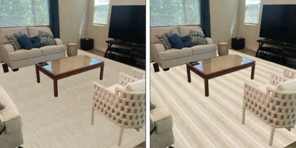 Side by Side Renderings of the Cream Calamus Rug and Stiped Cream and Brown Amelia Rug in the Writer