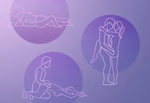 An illustration of two adults demonstrating some of the best sex positions over a pink and purple background.