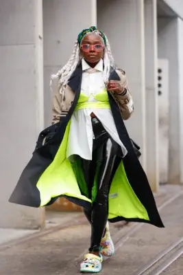 Liquid-Effect Leggings + a Button-Down + Crocs