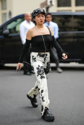 Printed Jeans + Crocs + Off-the-Shoulder Top