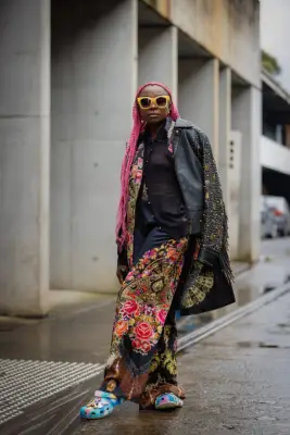 Printed Set + Crocs + Leather Jacket