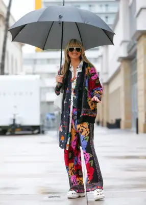 A Printed Pajama-Style Pants Set + Crocs