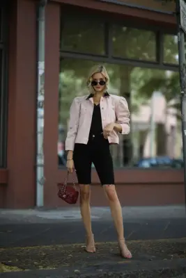 Style Black Bermuda Shorts With a Pink Jacket and Ankle-Strap Heels