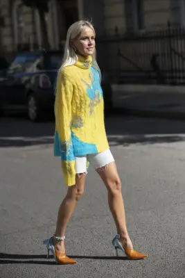 Style White Shorts With a Colorful Sweater and Neutral Heels