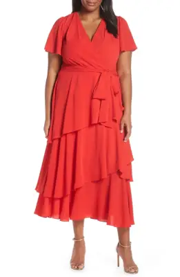 Tahari Tiered Faux Wrap Crepe Dress