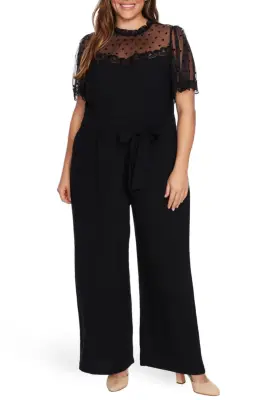 CeCe Velvet Dot Sheer Yoke Jumpsuit