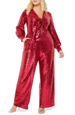 Eloquii Sequin Tie-Front Long-Sleeve Jumpsuit