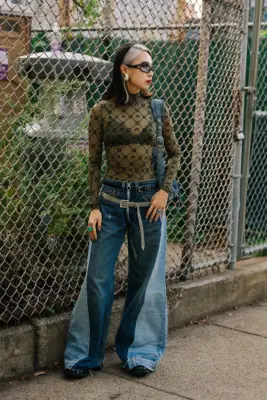 Wide-Leg Pants With a Sheer Long-Sleeved Shirt