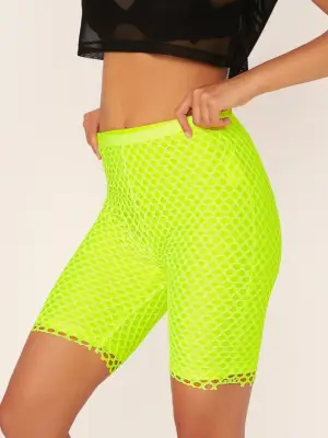 Shein Neon Lime Fishnet Mesh Overlay Cycling Shorts