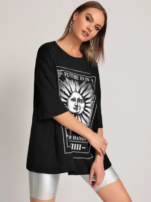 Shein Drop-Shoulder Letter & Sun Print Tee