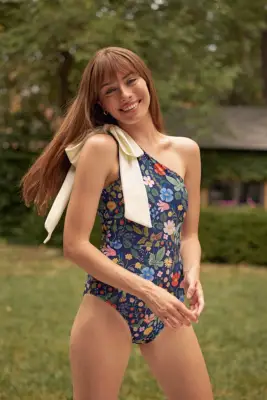 A Statement Bow: Strawberry Fields Deep Sea Bow-Shoulder Ruched Sidestroke One-Piece