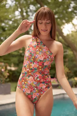A Bold One Shoulder One Piece: Garden Party Rust Ruched Sidestroke One-Piece