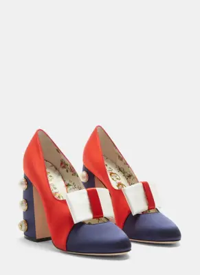 Gucci Luna Studded Block Heel Colorblock Satin Pumps
