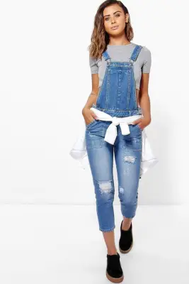 Boohoo Petite Mid Blue Distressed 3/4 Overall
