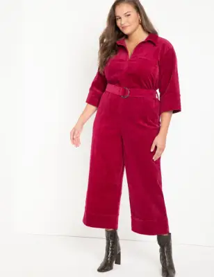 Eloquii Zip-Front Corduroy Jumpsuit With Wide Leg