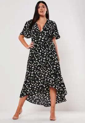 Missguided Plus Black Floral Wrap Midi Dress