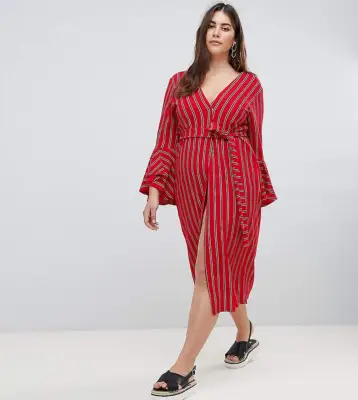 Boohoo Tie-Waist Stripe Midi Dress