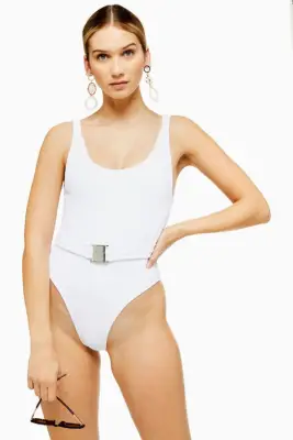 Topshop White Crinkle Belted Swimsuit