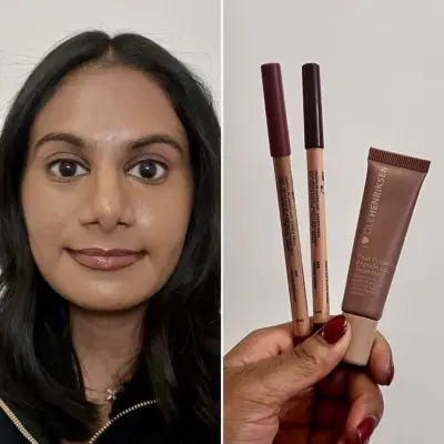 Woman wearing the Make Up For Ever Artist Color Pencils in Anywhere Caffeine and Wherever Walnut, and Ole Henriksen Pout Preserve Peptide Lip Treatment in Original.