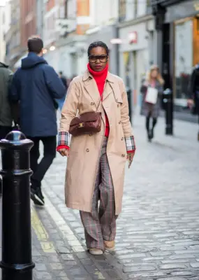 With a Red Turtleneck and Checked Pants